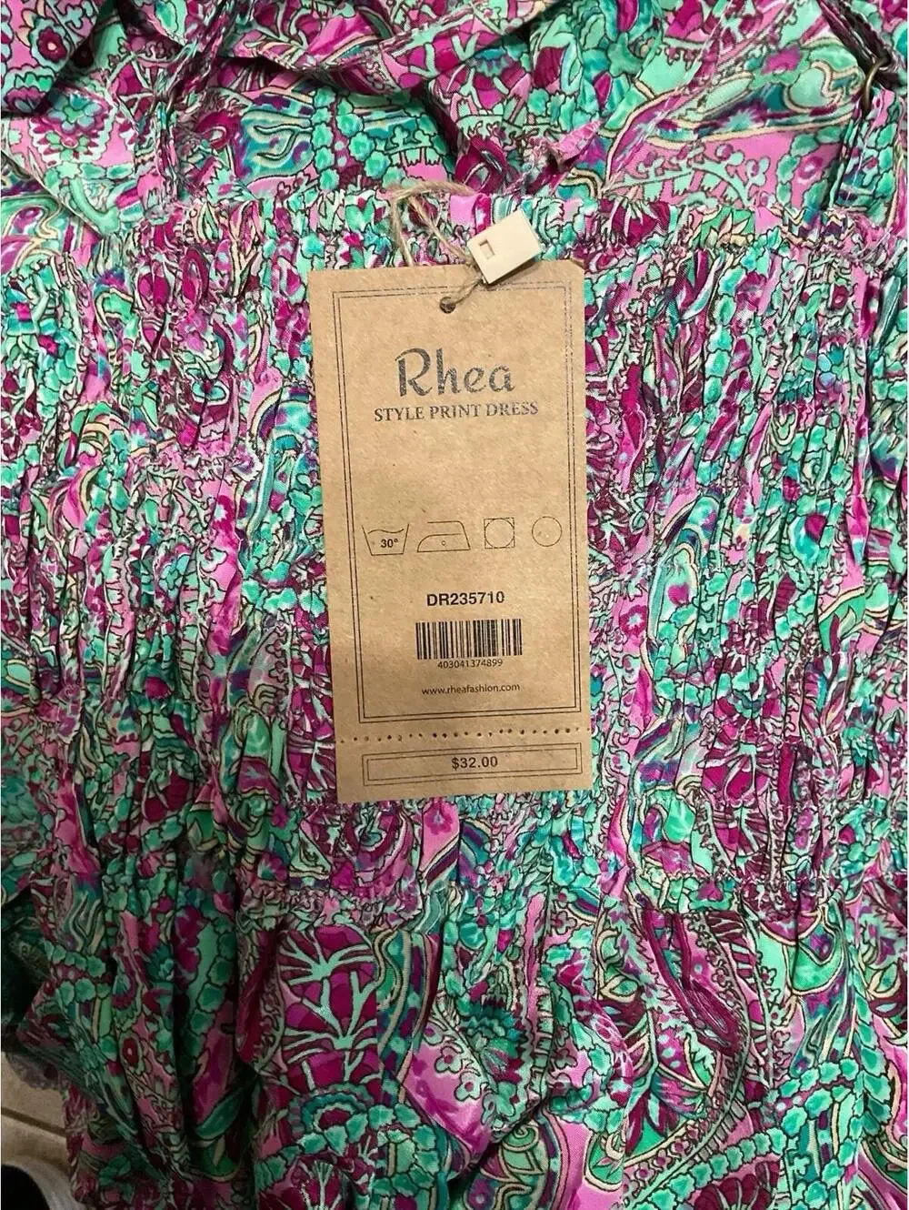 Rhea Paisley Maxi Dress NWT One Size S-L Pink Green Boho Tiered Smocked Strappy